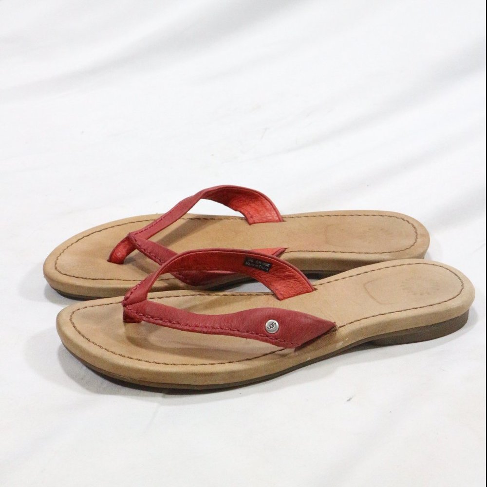 UGG Elyza Red/Tan Leather Thong Flip Flop Slippers